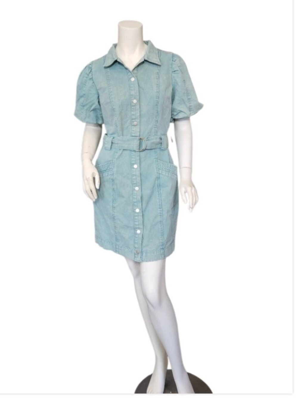 FATE Puff Sleeve Light Denim Belted Dress Pockets